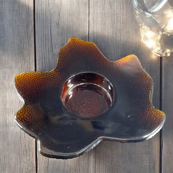1990s Hallmark Deep Brown Glass Maple Leaf Votive Tea Candle Holder Single VTG - Picture 2 of 15